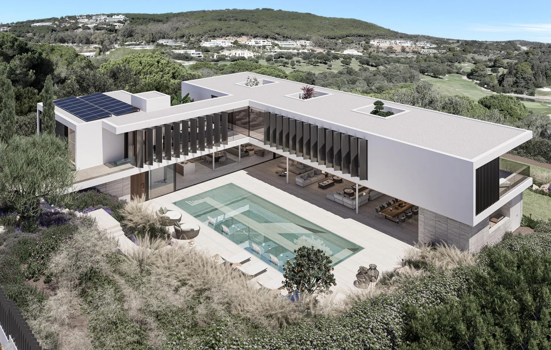 Contemporary villa in La Reserva, Sotogrande with panoramic golf course views, pool, terraces, and four en-suite bedrooms. Villa Lago
